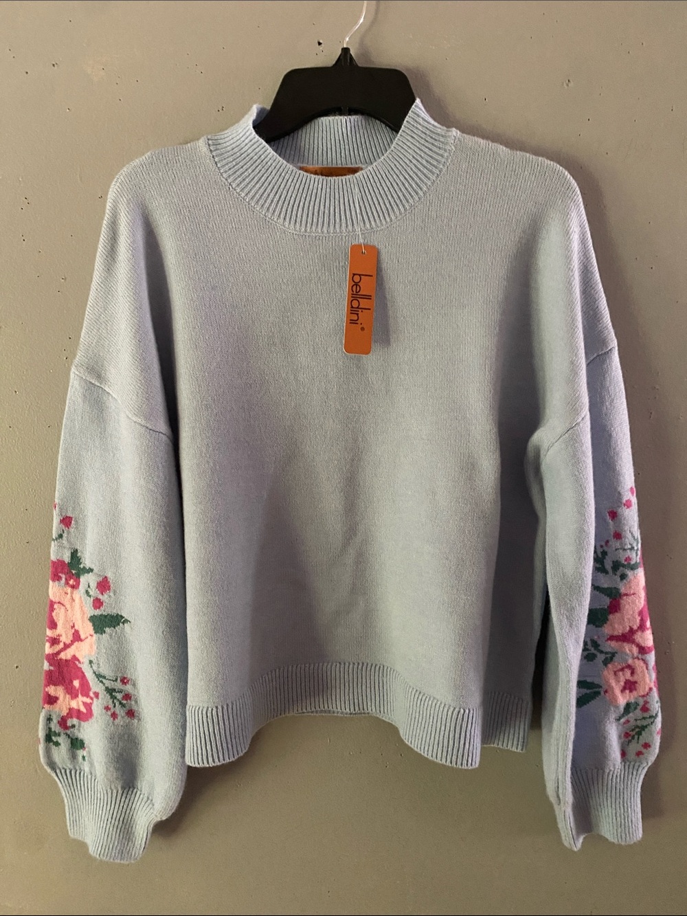 Bellini Pastel Blue Crewneck Sweater with Pink Floral Sleeves